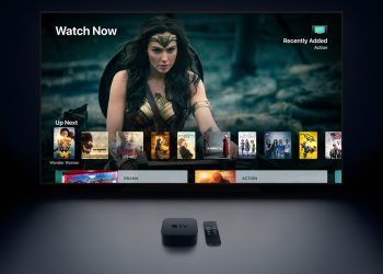 2017 Apple TV 4K box and Siri Remote in front of a TV showing the tvOS Watch Now screen