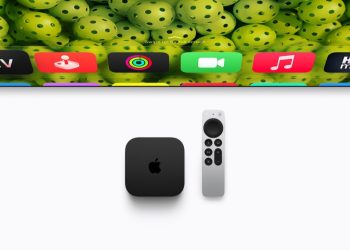 New Apple TV 4K box and Siri Remote below a tvOS home screen