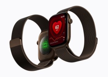 Two Apple Watch Series 12 units, display and heart-rate sensor array