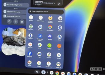 ASUS Googlebook 14 screen showing the Search apps from Pixel panel with Android app icons, the cross-device feature now failing to pair