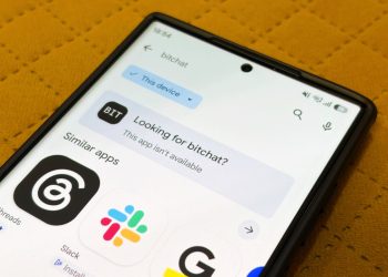 Google Play search for Bitchat in India showing an app isn't available message on a phone screen
