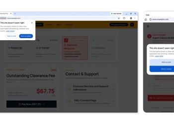 Chrome Enhanced Protection suspicious site warning with Mark as safe and Back to safety buttons on desktop and phone