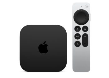 Current Apple TV 4K black streaming box with silver Siri Remote on a white background