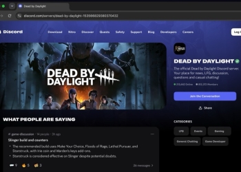 Discord Server Web Page for Dead by Daylight in a browser, showing a summary of channel messages and a Join the Conversation button
