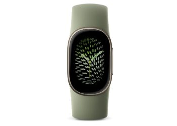 Fitbit Edge fitness tracker in sage green, front view with the watch face on screen