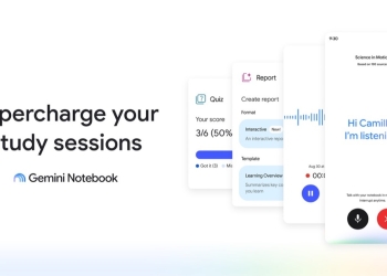 Google's Gemini Notebook study tools banner with phone screens, including the audio recorder waveform and pause button