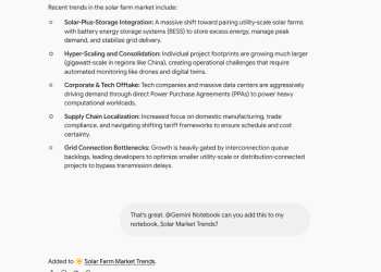 Gemini app chat using @Gemini Notebook to add a solar market trends conversation to a notebook