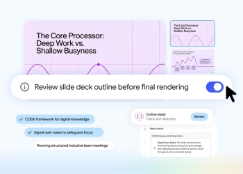 Gemini Notebook slide deck outline review toggle with an Outline ready card and slides panel
