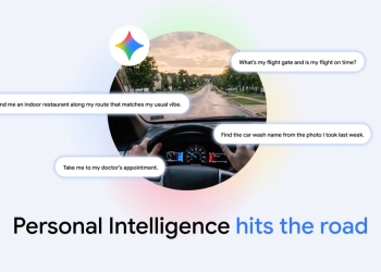Gemini Personal Intelligence on Android Auto, Google hero art with example driving prompts