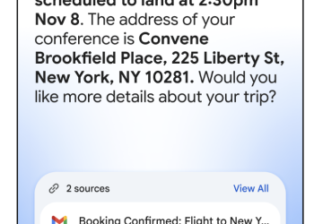 Gmail Live answering a question about a flight to New York, with a source card showing the booking email