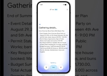 Docs Live in the Google Docs mobile app drafting an event plan outline from voice