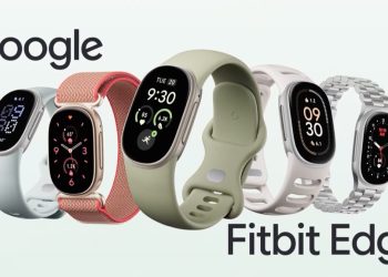 Google Fitbit Edge launch artwork showing a lineup of fitness trackers with different bands