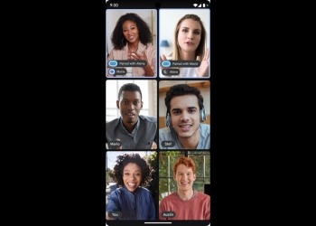 Google Meet mobile call with two paired video tiles highlighted at the top of the grid
