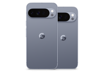 Google Pixel 10 Pro and Pixel 10 Pro XL in Moonstone, rear view with the camera bar