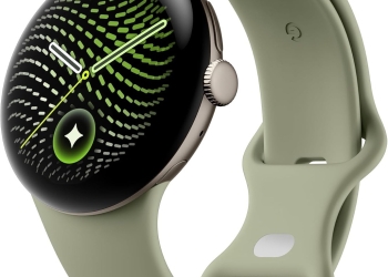 Google Pixel Watch 5 41mm LTE with a gold-tone case and Olive sport band, showing a Gemini watch face