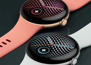 Two Google Pixel Watch 5 units side by side with pink-gold and light-blue bands