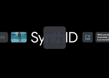 Google SynthID branding graphic with audio, image and text content icons