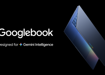 Googlebook laptop open at an angle with the Googlebook wordmark on a black background
