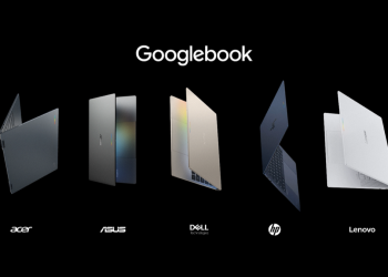 Five Googlebook laptops from Acer, ASUS, Dell, HP and Lenovo on a black background