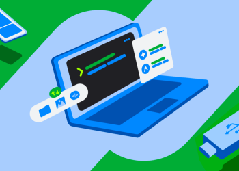 Illustration of a Googlebook laptop running the Linux terminal preview beside an AI chat panel