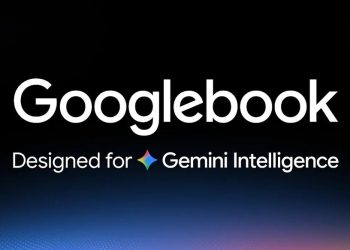 Googlebook wordmark on a black background with a rainbow gradient glow
