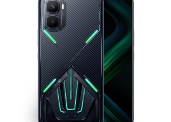 Infinix GT 50 Pro in Black Abyss showing the rear camera, green light strips and cooling module