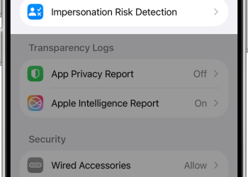 iOS 27 Privacy and Security settings on iPhone with Impersonation Risk Detection highlighted