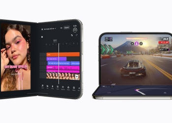 Two iPhone Duo foldables running the Edits app and Asphalt Legends, both Made for iPhone Duo apps