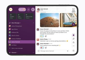 Slack running across both panels of an unfolded iPhone Duo, with the channel list beside an open conversation