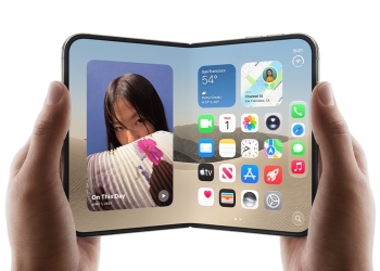 iPhone Duo unfolded in landscape, held in two hands, showing its home screen