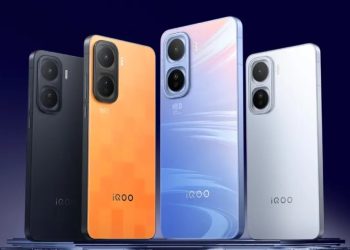 Four iQOO Neo 11 phones in black, orange, blue and white showing their rear camera modules