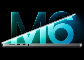 Silver 14-inch MacBook Pro with M6 half open in side profile with the M6 chip name glowing behind it