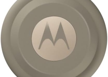 Moto Tag 2 tracker in greyish taupe with the Motorola logo, front view
