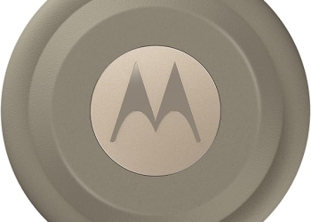 Motorola Moto Tag 2 Find Hub tracker in taupe with a beige center disc and Motorola logo