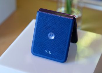 Motorola Razr Ultra 2026 folded closed in Orient Blue Alcantara, now receiving Android 17