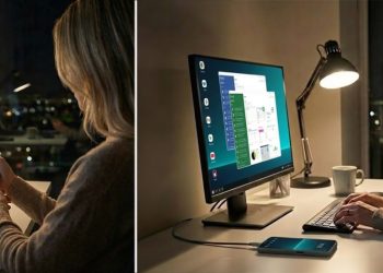 NexPhone company render showing the phone in hand and docked to a monitor running a desktop layout