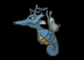 Nothing Kingdra teaser showing a dot-matrix Pokemon Kingdra in blue, grey and yellow on black