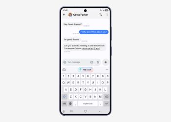 One UI 9 messaging screen on a Galaxy phone showing a Galaxy AI add event suggestion above the keyboard