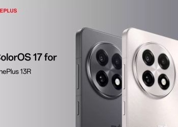 OnePlus 13R in black and silver with ColorOS 17 update banner