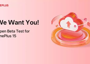 OnePlus 15 ColorOS 17 Open Beta recruitment banner on a pink background
