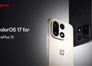 OnePlus banner announcing the ColorOS 17 update for the OnePlus 15, with white and black OnePlus 15 phones