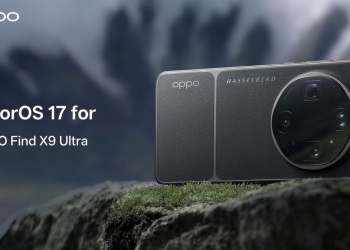 Oppo Find X9 Ultra ColorOS 17 banner showing the black phone and its Hasselblad camera module on a mossy rock