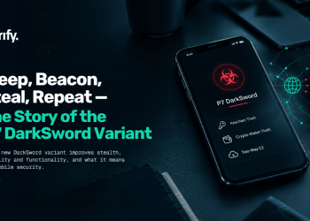 iVerify research graphic for the P7 DarkSword iPhone spyware variant listing Keychain theft, crypto wallet theft and two-way C2
