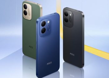 Poco C95 Pro rear panels in green, blue and black with dual camera module