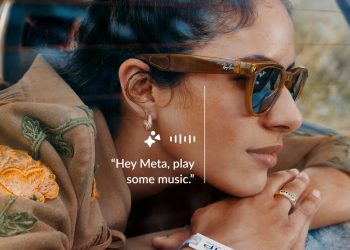 Woman wearing tortoiseshell Ray-Ban Meta smart glasses in a Meta promotional image