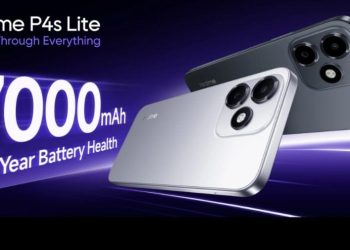 Realme P4s Lite in Nebula Black and Moonlight Silver showing the rear camera module and 7000mAh battery branding