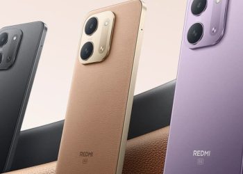 Redmi 17C 5G rear panels in black, tan and purple with dual camera module