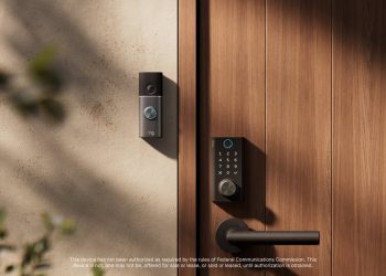 Ring smart lock and Ring video doorbell mounted side by side on a front door