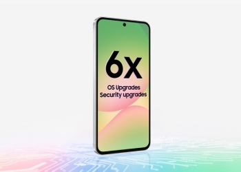 Samsung Galaxy A series phone displaying an OS and security upgrades graphic