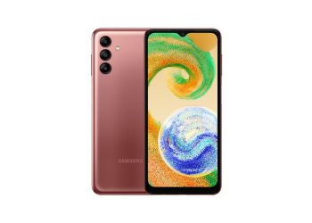 Samsung Galaxy A04s in copper, front and back views with its triple rear camera